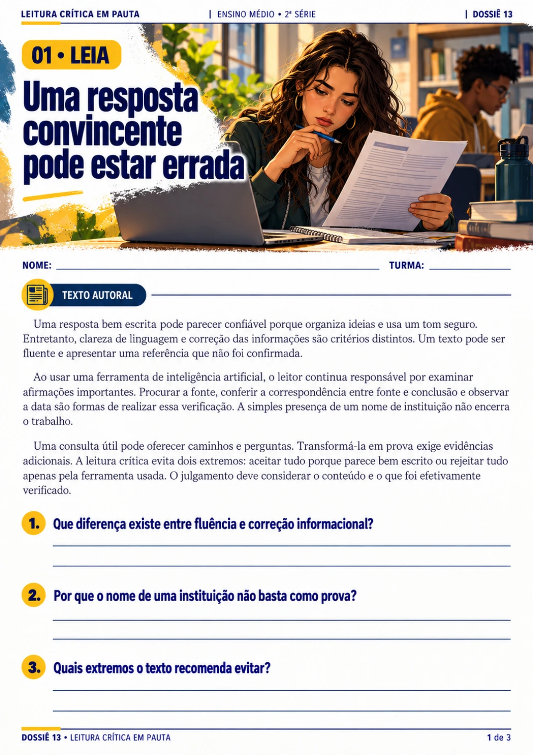 Página sobre inteligência artificial, fluência e verificação das informações